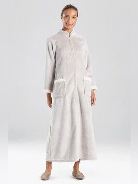 NATORI VELOUR SHERPA TRIM ZIP LOUNGER COZY FULL LENGTH ROBE Cashmere XS